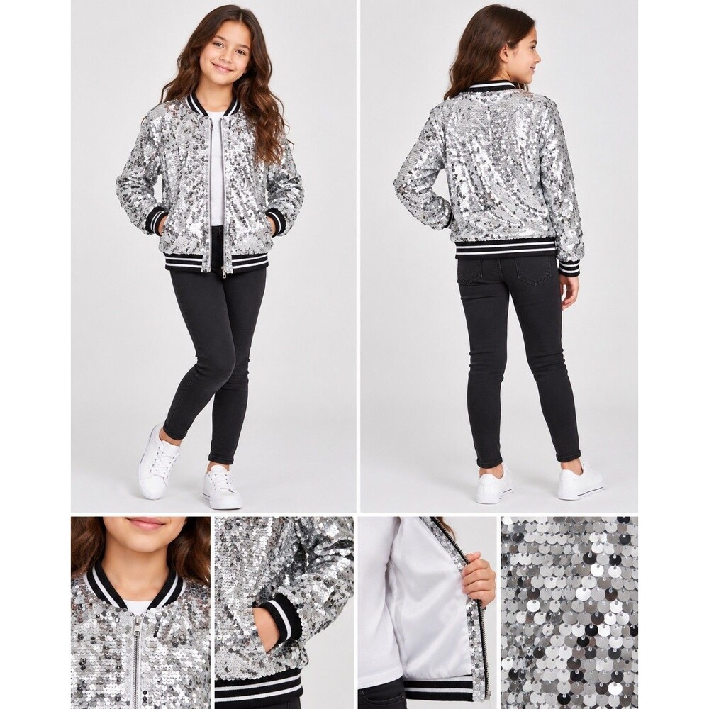 Wonder Nation Girls Silver Sequin Lined Full Zip Jacket L (10-12)